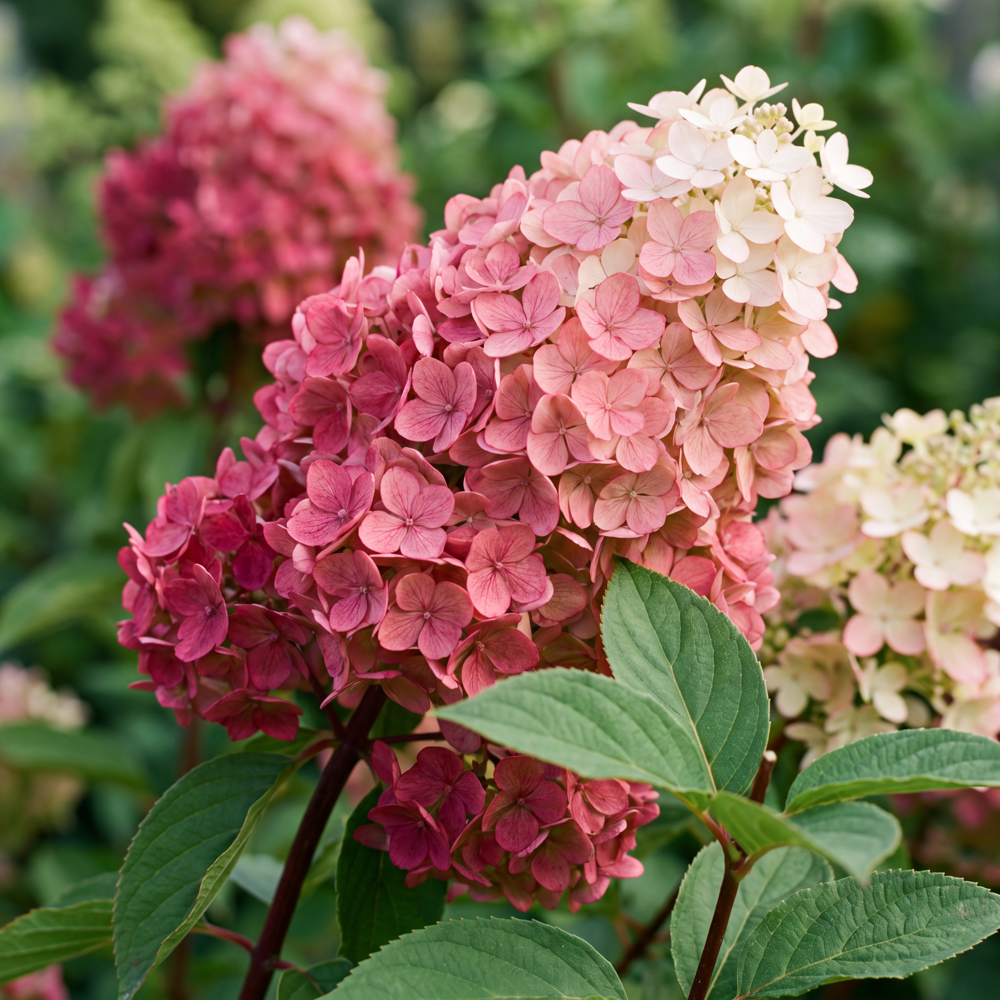 Hortensia 'Diamond Rouge' med täta blomklasar i djupt rosa till rött
