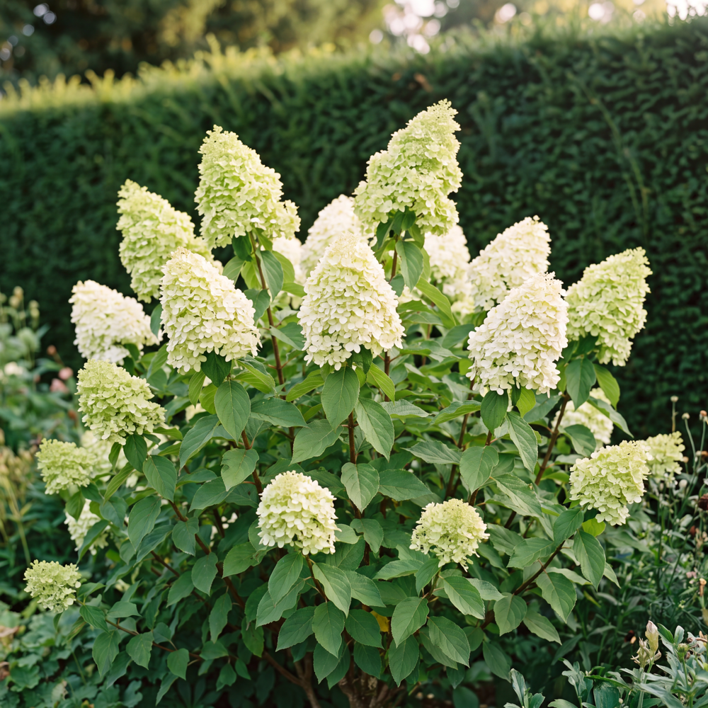 Hortensia 'Limelight' med stora konformade blomklasar i limegrönt och krämvitt