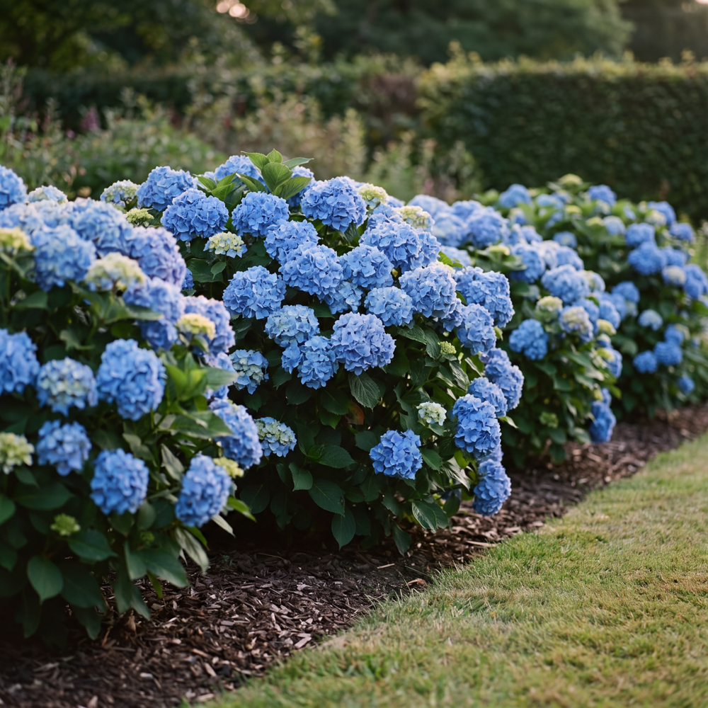 Hortensia 'Nikko Blue' med stora klotformade blomställningar i blå nyanser