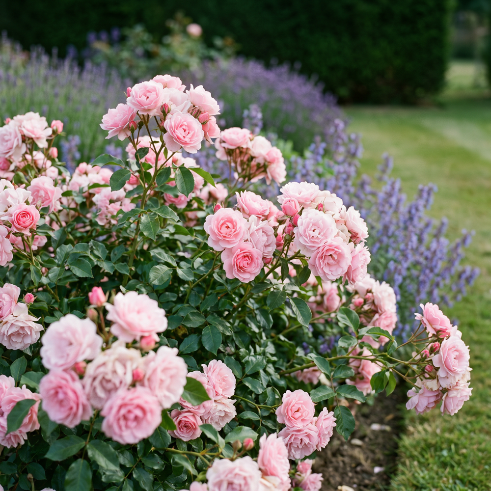 Ros 'Bonica' med fyllda blommor i mjukt rosa