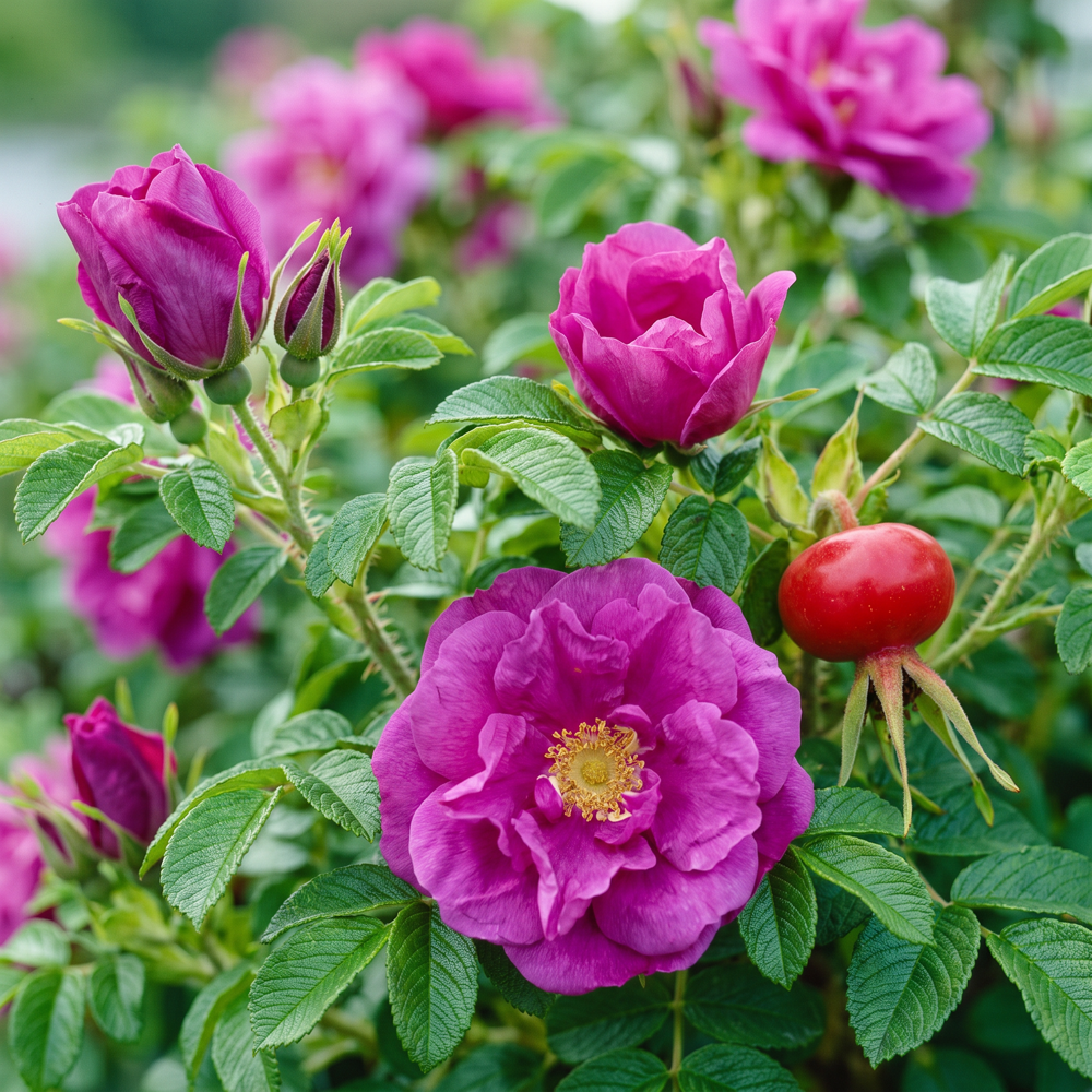 Ros 'Hansa' med stora fyllda purpurrosa blommor