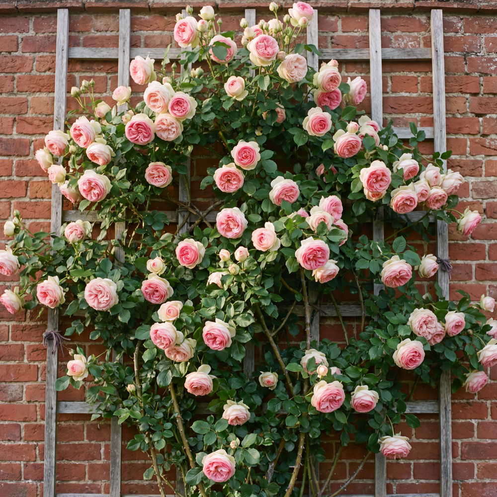 Ros 'Pierre de Ronsard' med stora krämvita blommor med rosa mitt