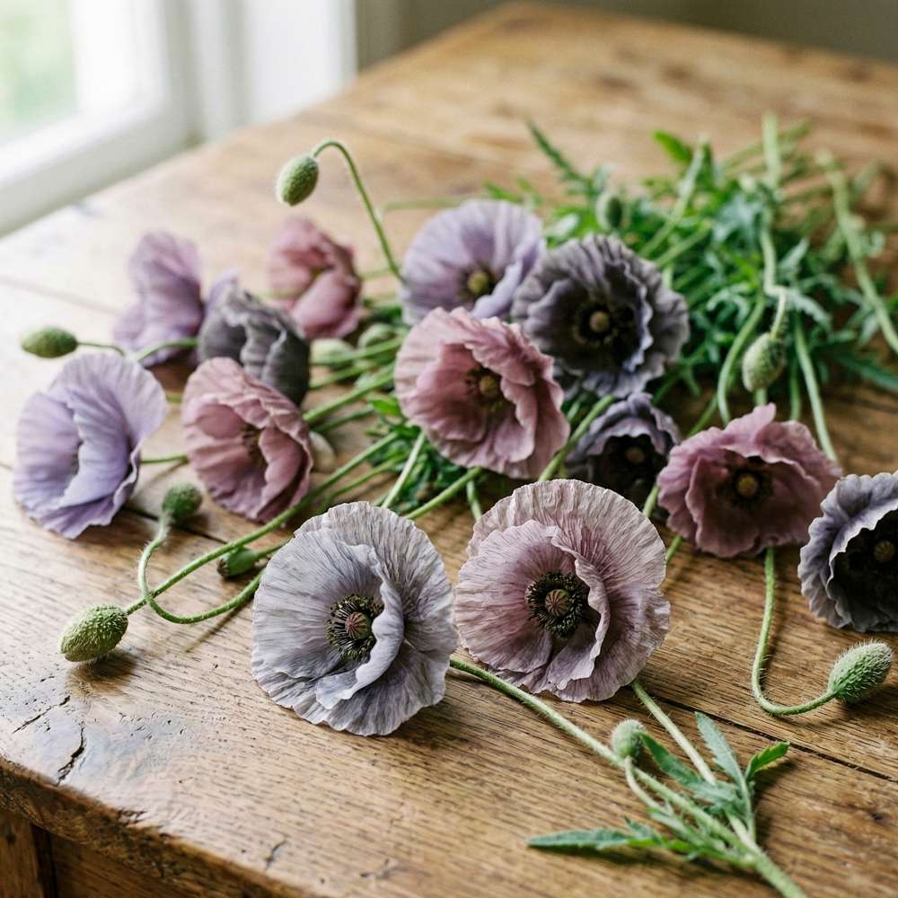 Vallmo 'Amazing Grey' med vågiga blommor i skiffergrått och rökigt lila
